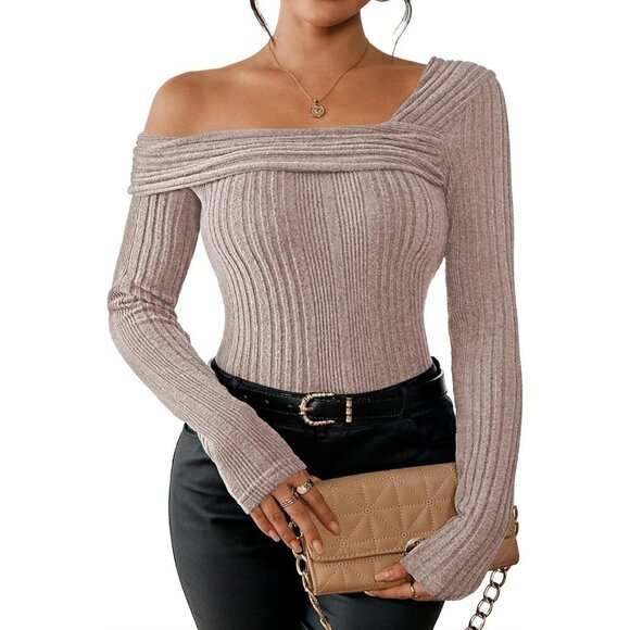 Women’s Off The Shoulder Long Sleeve Knit Sweater Top Drop Shoulder Fashion - Picture 2 of 6